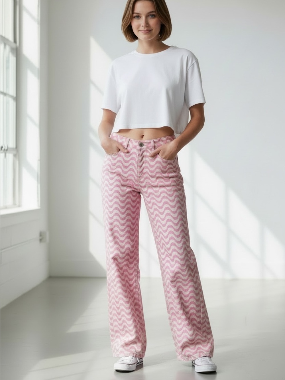 Pink Wave-Print Wide Leg Jeans